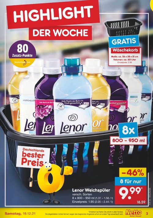 Netto Angebot- 8x Lenor Weichspüler 46% Rabatt inkl. Gratis Wäschekorb