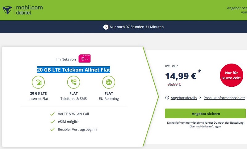 20 GB LTE Telekom Allnet Flat 14,99€ mtl. statt 36,99€