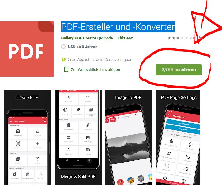 Android (Google Store) PDF-Ersteller und -Konverter 0,00€ satt 2,99€