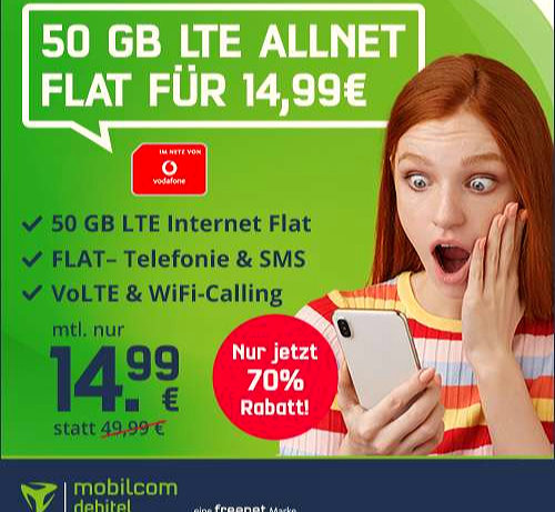 50GB LTE Daten (max. 100Mbit/s), SMS und Sprachflat Vodafone Netz für 14,99€/Monat