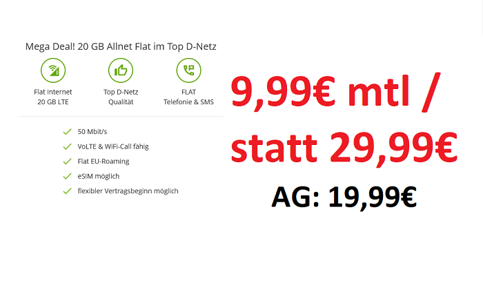 Allnet Flatrate Vertrag – 20 GB im D-Netz 9,99€ mtl. +19,99€ AG