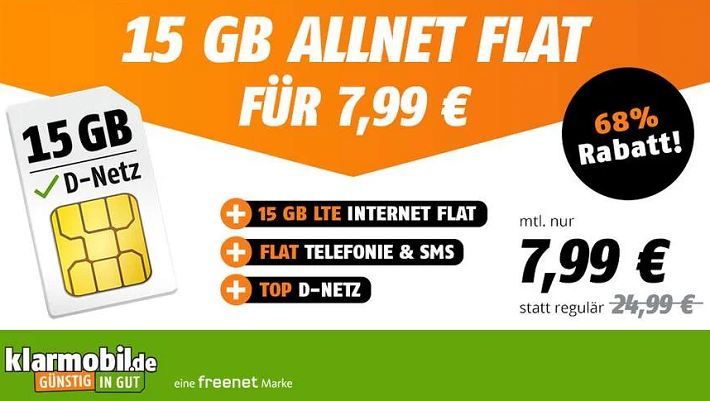 Vodafone-Netz 15 GB green LTE Tarif 7.99 euro