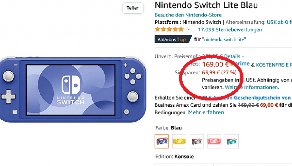 Nintendo Switch Lite Blau im Angebot für 169 Euro